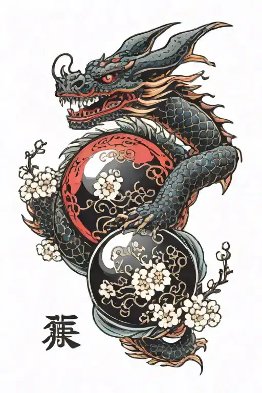 A red dragon with a black background decorated with cherry blossoms, in one paw it holds a crystal ball with the logo of tattoo design idea