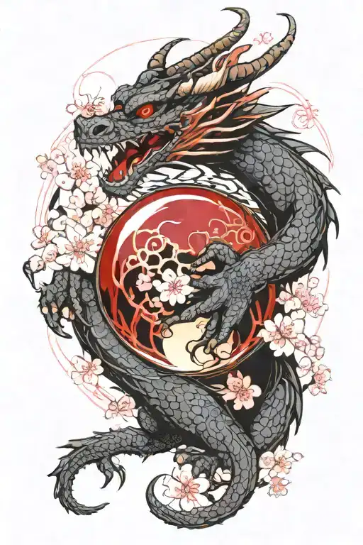 A red dragon with a black background decorated with cherry blossoms, in one paw it holds a crystal ball with the logo of tattoo design idea