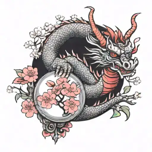 A red dragon with a solid black background decorated with cherry blossoms, in one paw it holds a crystal ball with tauro tattoo design idea
