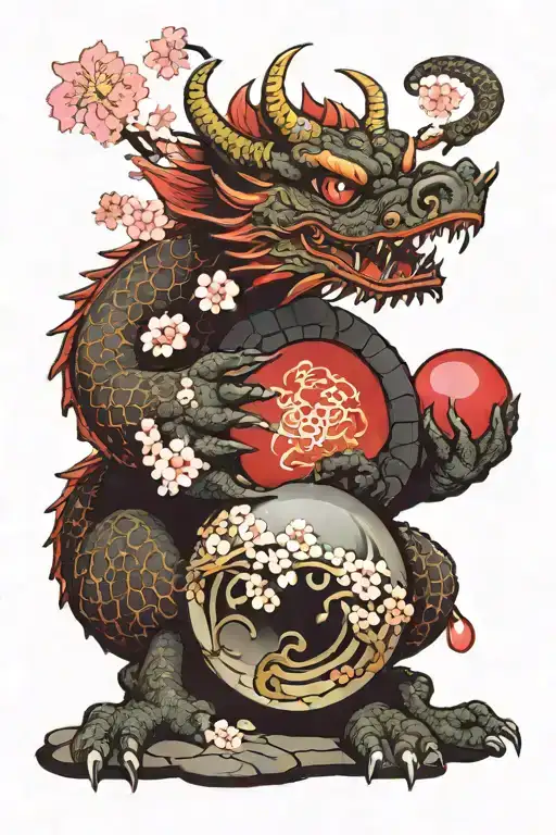 A red dragon with a black background decorated with cherry blossoms, in one paw it holds a crystal ball with the logo of tattoo design idea