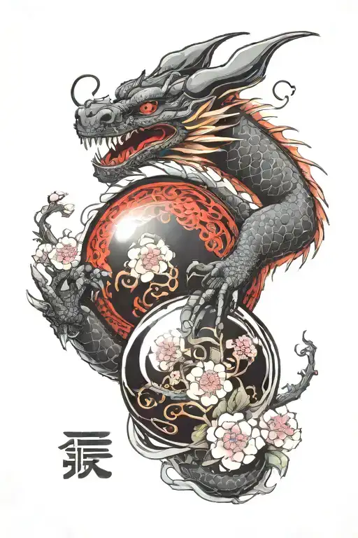 A red dragon with a black background decorated with cherry blossoms, in one paw it holds a crystal ball with the logo of tattoo design idea