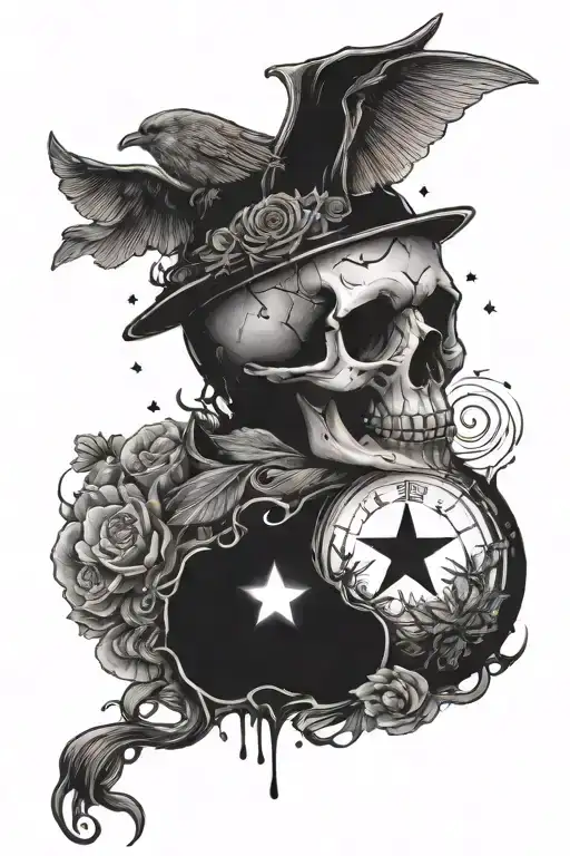 i want 3 stars on both the top and bottom holding everything together with things like cards, nature, a cat, and skull tattoo design idea