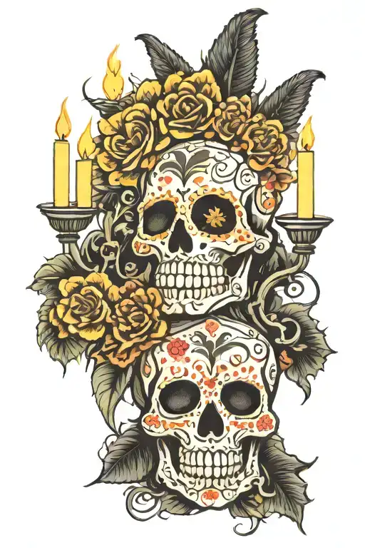 Day of the Dead offering with Aztec god, candles, spiders, crows, cempasuchil, skulls, sugar skulls tattoo design idea