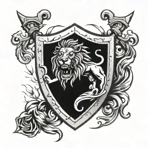 Knight shield with Lion mouth open showing teeth and tongue on the shield and my last name In graves like it was carved tattoo design idea