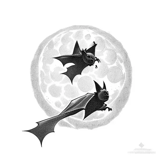 gotham city by night, small bat flying  , moon in background tattoo design idea
