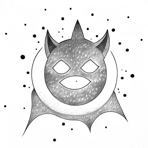 gotham city by night, small bat flying  , moon in background tattoo design idea