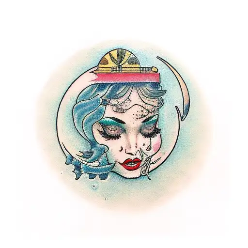 woman water moon crying  tattoo design idea