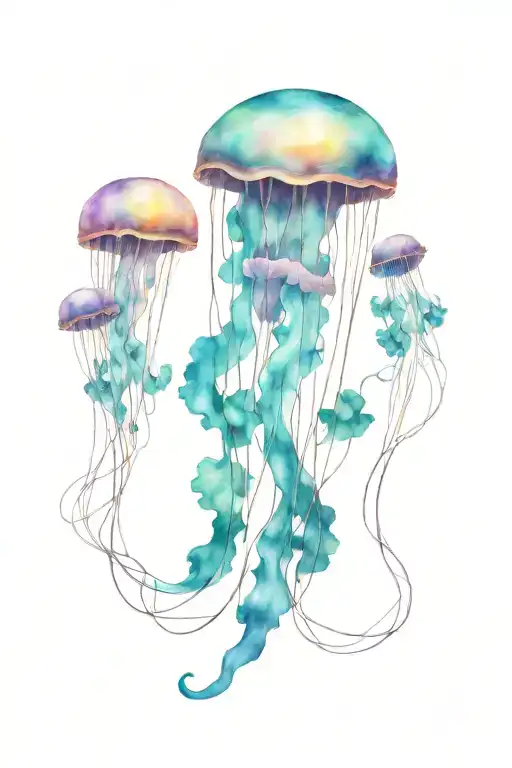 Jellyfish with crystals and music strings with blue, purple, turquoise colors on thigh tattoo design idea