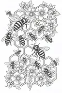 bees and honeycomb and flowers tattoo design idea