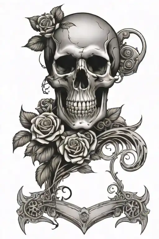 skull native austalian flowers pistons and roses surrounding tattoo design idea