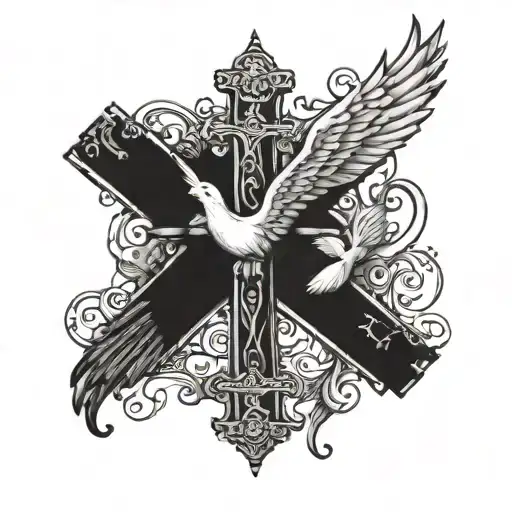 cross with a dove and "Romans 5: 3-5" written tattoo design idea