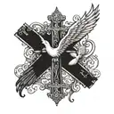 cross with a dove and "Romans 5: 3-5" written tattoo design idea
