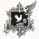 cross with a dove and "Romans 5: 3-5" written tattoo design idea