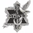 cross with a dove and "Romans 5: 3-5" written tattoo design idea