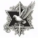 cross with a dove and "Romans 5: 3-5" written tattoo design idea