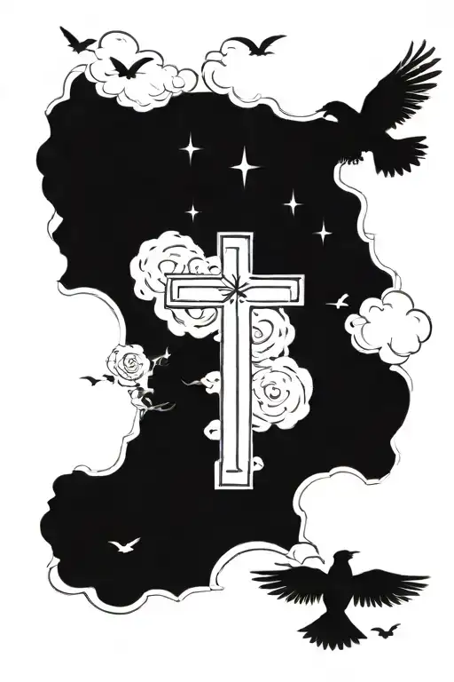 Cross surrounded by clouds with birds flying away and the date 03-21-2021 in roman numerals  tattoo design idea