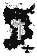 Cross surrounded by clouds with birds flying away and the date 03-21-2021 in roman numerals  tattoo design idea