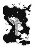 Cross surrounded by clouds with birds flying away and the date 03-21-2021 in roman numerals  tattoo design idea
