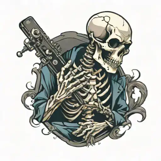 skeleton looking at his phone screen tattoo design idea