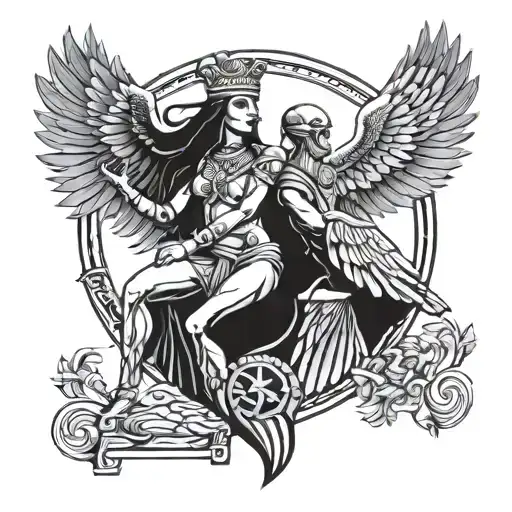 one Greek women nyx goddess and one male Egypt Horus god eagle tattoo design idea