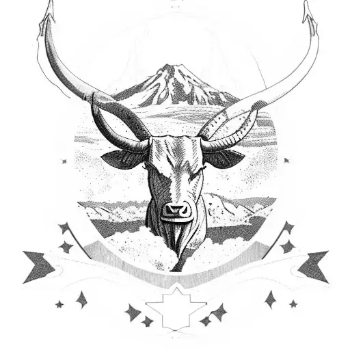 Texas longhorn with cactus, seattle space needle, mount shasta, 4th infantry division, boston skyline tattoo design idea