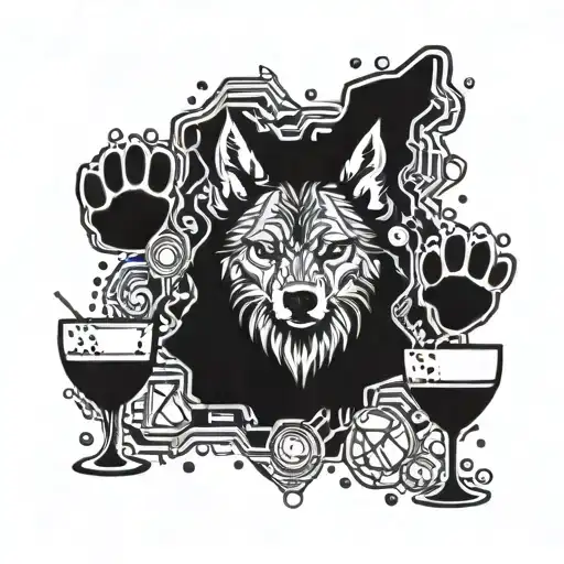 A wolf paw print filled with tiny cocktail glasses and shakers, creating a patterned and detailed design tattoo design idea