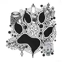 A wolf paw print filled with tiny cocktail glasses and shakers, creating a patterned and detailed design tattoo design idea