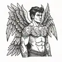 brunette buff boy with angel wings tattoo design idea