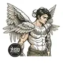 brunette buff boy with angel wings tattoo design idea