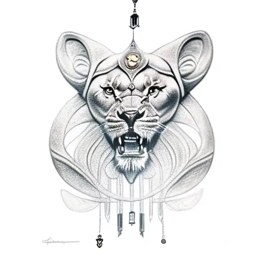 Ishtar goddess full body draw, she is trampling a lion held on a leash. tattoo design idea