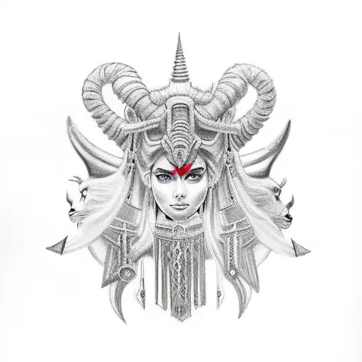 Ishtar goddess full body draw.  She is equipped with weapons on her back, has a horned helmet, and is trampling a lion h tattoo design idea
