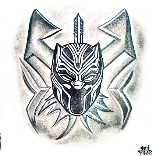 black panther head solid black swords and roses tattoo design idea