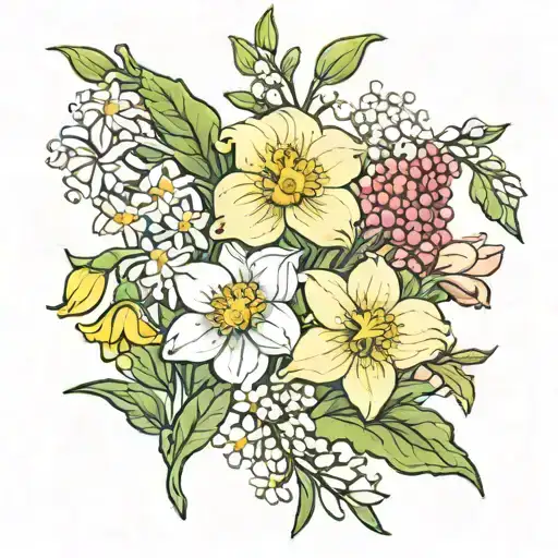 Carnation & Snowdrop Daffodil & Jonquil Lily of the Valley & Hawthorn Narcissus & Holly tattoo design idea