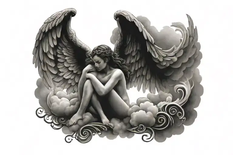 angels in clouds surrounding cursive writing tattoo design idea