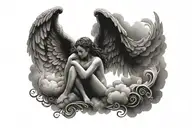 angels in clouds surrounding cursive writing tattoo design idea