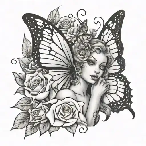 butterfly with roses and a fairy peeking tattoo design idea