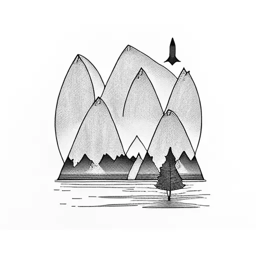 A serene campsite nestled by a tranquil lake surrounded by mountains tattoo design idea