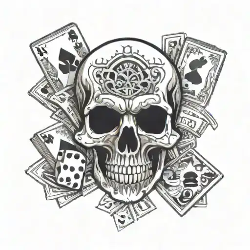skull with smoke,dice,cards,money tattoo design idea