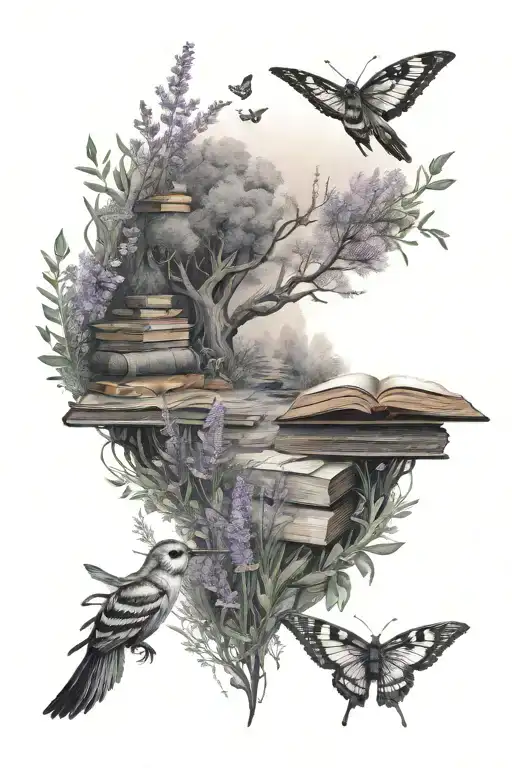 A mystical forest pathway lined with books and blooming lavender and rosemary bushes, with pollinators fluttering around tattoo design idea