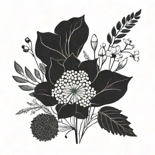 A minimalist design of a wildflower bouquet with subtle hints of herbs, symbolizing the client's love for nature and beauty tattoo design idea