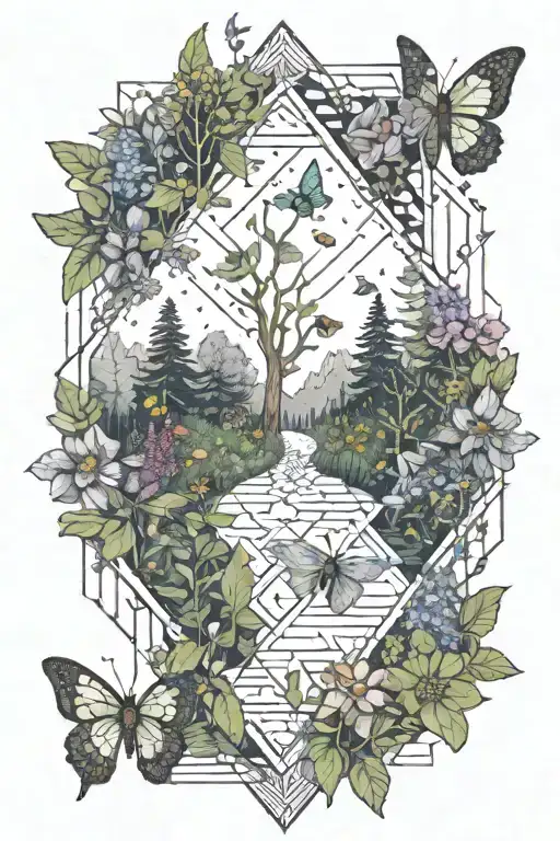 A mystical forest pathway lined with blooming wildflowers and herb bushes, with pollinators fluttering around tattoo design idea
