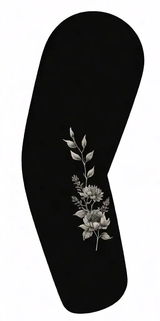 A botanical scene with various herbs, lavender, coneflower,  wildflowers, and dhalias intertwined tattoo design idea