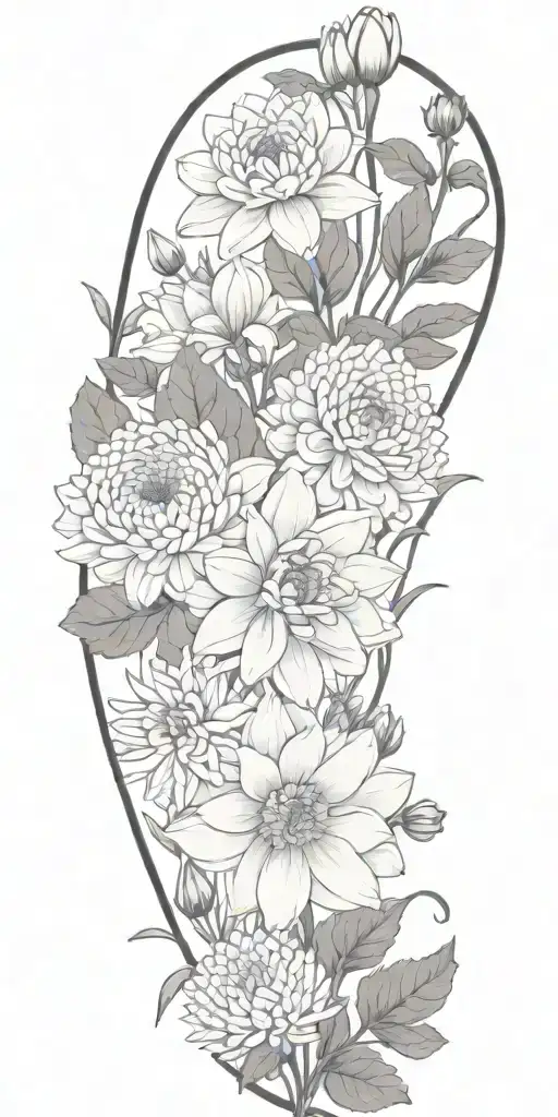A botanical garden scene with various herbs, lavender, wildflowers, and dhalias intertwined tattoo design idea