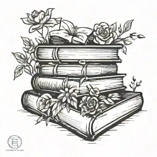 A minimalist tattoo of a stack of books with flowers growing out of them, representing the client's love for reading and gardening tattoo design idea