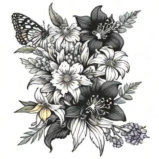 flower bouquet of lavender, rosemary, iris, dhalia, chamomile and black eyed susan  tattoo design idea