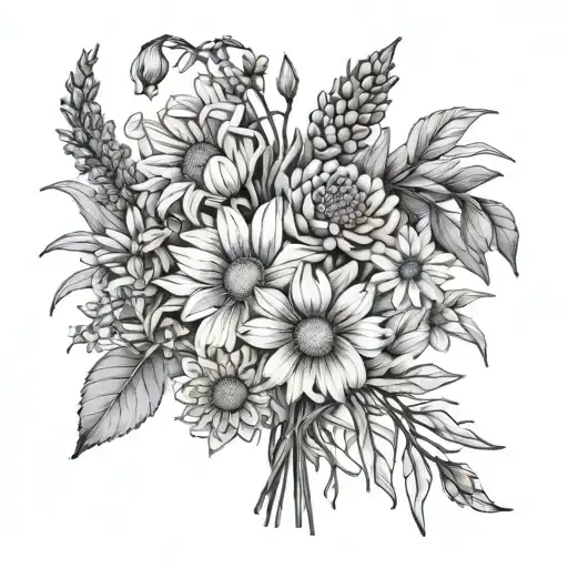 flower bouquet of lavender, rosemary, iris, dhalia, chamomile and coneflower  tattoo design idea