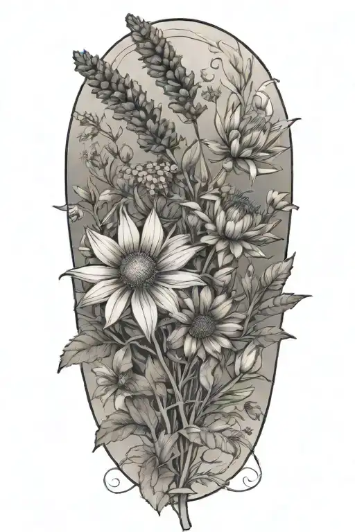 A botanical scene with various herbs, lavender, coneflower,  wildflowers, and dhalias intertwined tattoo design idea