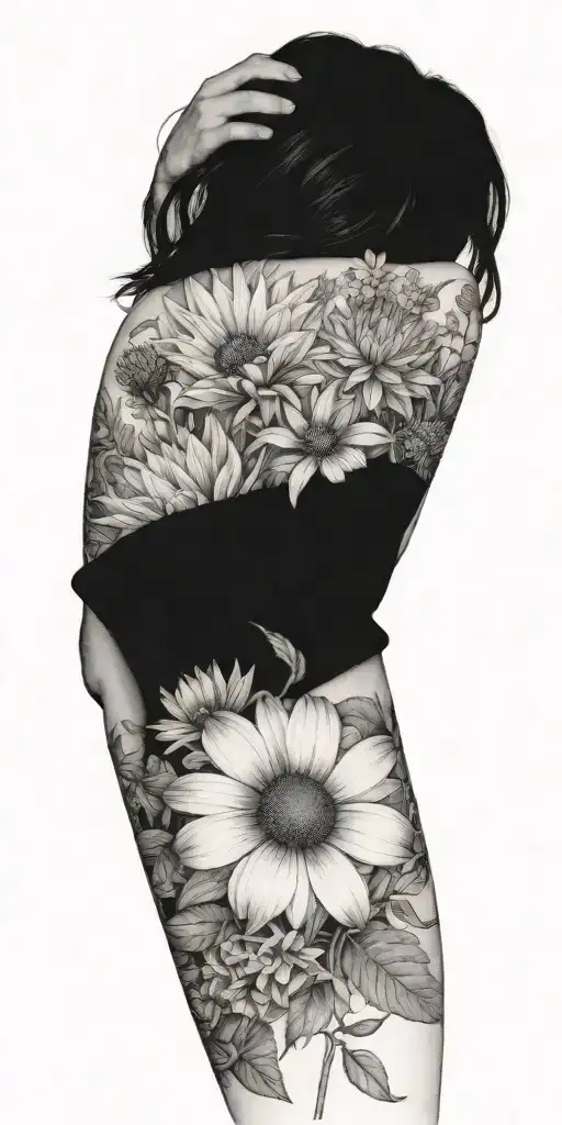 A botanical scene with various herbs, lavender, coneflower,  wildflowers, and dhalias intertwined tattoo design idea