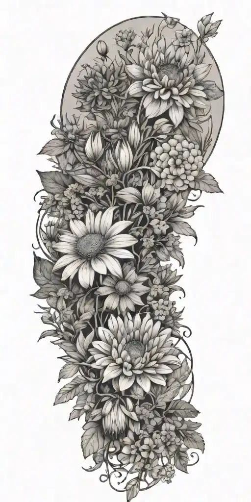 A botanical scene with various herbs, lavender, coneflower,  wildflowers, and dhalias intertwined tattoo design idea