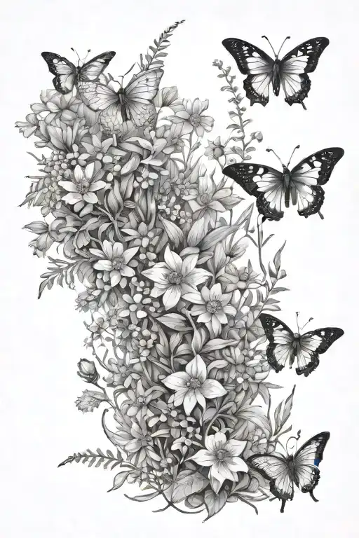 A mystical forest pathway lined with blooming wildflowers and herb bushes, with pollinators fluttering around tattoo design idea